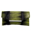 Add edge to any look with this bold clutch style from BCBGMAXAZRIA. A two-tone design with shiny nickel accents.