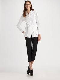 Slim, streamlined capris of woven stretch wool with an Italian attitude.Bandless waist Front and back darts Flat front Side zip closure Slim leg Inseam, about 26 96% wool/4% elastane Dry clean Made in Italy Slim, streamlined capris of woven stretch wool with an Italian attitude.Bandless waist Front and back darts Flat front Side zip closure Slim leg Inseam, about 26 96% wool/4% elastane Dry clean Made in Italy