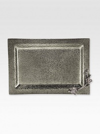 A stunning platter inspired in the forms and textures of nature, crafted with an artisan's eye from hammered, nickel-plated glass and blackened metal by one of America's premier metalwork artists. From the Black Orchid Collection17½ X 11¾Hand washImported A stunning platter inspired in the forms and textures of nature, crafted with an artisan's eye from hammered, nickel-plated glass and blackened metal by one of America's premier metalwork artists. From the Black Orchid Collection17½ X 11¾Hand washImported