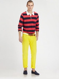 A casual favorite that never goes out of style, in a boldly-striped cotton knit with contrasting collar and cuffs.Three-button placketChest patch pocketCottonMachine washImported A casual favorite that never goes out of style, in a boldly-striped cotton knit with contrasting collar and cuffs.Three-button placketChest patch pocketCottonMachine washImported
