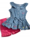 GUESS Kids Girls Ruffled Dress and Bike Shorts (0 - 9m), LIGHT STONEWASH (6/9M)