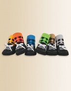 Six pairs of colorful plaid, tennis shoe-printed socks, packaged in a keepsake gift box.80% cotton/17% acrylic/3% spandexMachine washImported