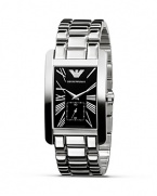 Emporio Armani classic-inspired stainless steel bracelet watch with rectangular-shaped black dial. Numbers displayed as Roman numerals. Second hand. Signature eagle logo detail.