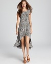 Flaunting a wild leopard print, this Sauce dress flaunts a high/low hem for a dramatic finish.