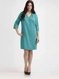 This lightweight and seemingly classic shift features intricate seams and an edgy, modern neckline. Seamed details on v-necklineThree-quarter sleevesBust dartsPrincess seamsBack zipperFully linedAbout 38 from shoulder to hem66% polyester/30% viscose/4% elastaneDry cleanImported This lightweight and seemingly classic shift features intricate seams and an edgy, modern neckline. Seamed details on v-necklineThree-quarter sleevesBust dartsPrincess seamsBack zipperFully linedAbout 38 from shoulder to hem66% polyester/30% viscose/4% elastaneDry cleanImported