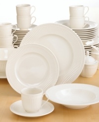 The stunning simplicity of this dinnerware and dishes set from Mikasa will lend elegance to any tabletop. Ribbed accents and a scroll border trim combine for tactile interest.