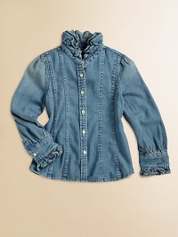 An easy, casual shirt of classic cotton denim is adorned with girlie ruffles and shaping seams for a tailored look.Ruffled stand collarLong puffed sleeves with ruffle-trimmed barrel cuffsButton-frontFront and back princess seamingCottonMachine washImported Please note: Number of buttons may vary depending on size ordered. An easy, casual shirt of classic cotton denim is adorned with girlie ruffles and shaping seams for a tailored look.Ruffled stand collarLong puffed sleeves with ruffle-trimmed barrel cuffsButton-frontFront and back princess seamingCottonMachine washImported Please note: Number of buttons may vary depending on size ordered.