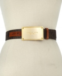 For logo loving fashionistas, this faux leather lovely from MICHAEL Michael Kors is dressed with the iconic MK monogram and gleaming golden buckle. For logo loving fashionistas, this faux leather lovely from MICHAEL Michael Kors is dressed with the iconic MK monogram and gleaming golden buckle.