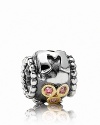 The perfect PANDORA piece for Mom, this sweet charm features a sterling silver M and 14K gold bezel-set salmon zirconia stones.