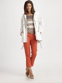 Sporty-chic, a sleek jacket with exceptional details like a convenient hood, flattering drawstring ties and a softly pleated back. Attached drawstring hoodLong sleevesGun flapsSlash pocketsCurved drawstring hemAbout 34 from shoulder to hem75% linen/25% polyurethaneDry cleanImported of Italian fabric Model shown is 5'9½ (176cm) wearing US size 4. Sporty-chic, a sleek jacket with exceptional details like a convenient hood, flattering drawstring ties and a softly pleated back. Attached drawstring hoodLong sleevesGun flapsSlash pocketsCurved drawstring hemAbout 34 from shoulder to hem75% linen/25% polyurethaneDry cleanImported of Italian fabric Model shown is 5'9½ (176cm) wearing US size 4.