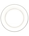Clean and simple with beaded bands of black and platinum, this salad plate boasts universal appeal. In glossy white bone china.
