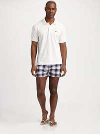 A summer classic in classic plaid pattern, shaped in quick-drying nylon for an easy fit.Drawstring tie waistBack patch pocketInseam, about 3NylonMachine washImported A summer classic in classic plaid pattern, shaped in quick-drying nylon for an easy fit.Drawstring tie waistBack patch pocketInseam, about 3NylonMachine washImported