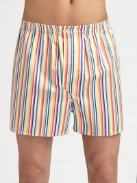 Remarkably soft cotton with fine multicolored stripes and an adjustable waist for added comfort.Two-button elastic waistbandInseam, about 3½CottonMachine washImported