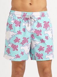 Vibrant turtle print adds character to these quick-drying trunks, complete with back eyelets to avoid a ballooning effect.Elastic drawstring waistSide slash, back flap pocketsMesh liningInseam, about 5PolyamideMachine washImported