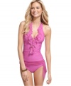 Available in D Cup, this Be Creative tankini is ultra-feminine with chiffon ruffles, bow tie and plunging V-neckline! (Clearance)
