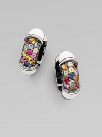 From the Art Deco Collection. Diminutive hoops pavé set with multi-colored sapphires and white enamel accents.Sapphire Sterling silver Enamel Diameter, about ¾ Clip-on back Imported