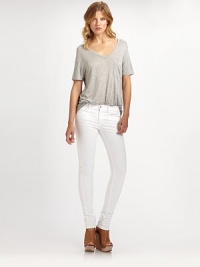 Ultra-skinny stretch denim hugs your curves like a second skin.THE FITSlim fitRise, about 8Inseam, about 34THE DETAILSZip flyFive-pocket style93% cotton/6% polyester/1% LycraMachine washMade in USA of imported fabric Ultra-skinny stretch denim hugs your curves like a second skin.THE FITSlim fitRise, about 8Inseam, about 34THE DETAILSZip flyFive-pocket style93% cotton/6% polyester/1% LycraMachine washMade in USA of imported fabric
