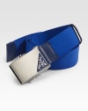Premium nylon with generous stretch and a polished steel slide buckle. About 1¼ wide Nylon Made in Italy 
