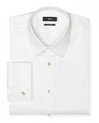 Regular fit, long sleeve tuxedo dress shirt. Luxe cotton with spread collar and French cuffs. Clean front, no pockets.