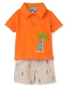 Your aspiring beach bum will love the look and feel of this cute cotton set. The polo sports surf board and palm tree embroidery and the short has a schiffli surf board pattern.