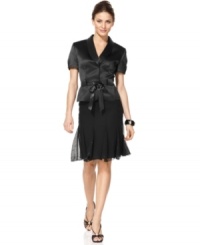 Tahari by ASL pairs a luxe short sleeve satin jacket with a beaded skirt for an unforgettable special occasion ensemble.