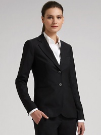 Impeccably tailored stretch wool for an easy, elegant fit. Double button front with notch collar One chest and two welt pockets Buttoned cuffs Back vent Fully lined Wool/Lycra Dry clean Made in USA Impeccably tailored stretch wool for an easy, elegant fit. Double button front with notch collar One chest and two welt pockets Buttoned cuffs Back vent Fully lined Wool/Lycra Dry clean Made in USA