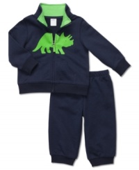 He will look dino-mite in this adorable cozy terry zip up and pants set by Carter's. He will look dino-mite in this adorable cozy terry zip up and pants set by Carter's.