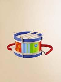 A real drum--designed in bright colors for a child--features two heavy-duty surfaces, wood drum sticks and a fabric strap so the drum can be worn while played. Includes tuning key, two drum sticks Metal supports can be tightened (with adult supervision) for tuning Recommended for ages three and up 8¾W X 6½D X 8¾H Imported A real drum--designed in bright colors for a child--features two heavy-duty surfaces, wood drum sticks and a fabric strap so the drum can be worn while played. Includes tuning key, two drum sticks Metal supports can be tightened (with adult supervision) for tuning Recommended for ages three and up 8¾W X 6½D X 8¾H Imported