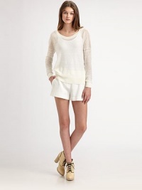 A classic design is given some added charm with exquisite embroidery on this semi-sheer sweater. BoatneckDropped shouldersLong sleevesRibbed neckline, cuffs and hem75% linen/25% viscoseDry cleanImportedModel shown is 5'10 (177cm) wearing US size Small. A classic design is given some added charm with exquisite embroidery on this semi-sheer sweater. BoatneckDropped shouldersLong sleevesRibbed neckline, cuffs and hem75% linen/25% viscoseDry cleanImportedModel shown is 5'10 (177cm) wearing US size Small.