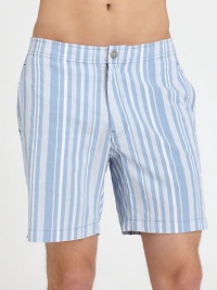 Practical in the water or walking those hot, summer streets, tailored in quick-drying cotton-nylon.Flat-front styleZip flySide slash, back flap pocketsFully linedInseam, about 7½54% cotton/46% nylonMachine washImported