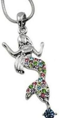 Small Silver Mermaid Charm Necklace with Colorful Rainbow Embellished Crystals Small Silver Mermaid Charm Necklace with Colorful Rainbow Embellished Crystals