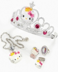 Pretty princesses need jewels. This Hello Kitty tiara, necklace or set of three rings are fit for the royalty she is. Sold separately. Pretty princesses need jewels. This Hello Kitty tiara, necklace or set of three rings are fit for the royalty she is. Sold separately.