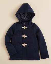 Keep him warm and bundled up in this classic hooded toggle jacket with quilted lining. Keep him warm and bundled up in this classic hooded toggle jacket with quilted lining.