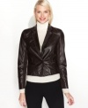 Faux leather meets ribbed knit in Ellen Tracy's cropped jacket. Grosgrain ribbon trim adds a final feminine touch!