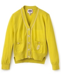 Crafted in a soft, fine-gauge cotton, this preppy cardigan sports a classic v neck front, button closure and anagram-style embroidery at the left pocket Crafted in a soft, fine-gauge cotton, this preppy cardigan sports a classic v neck front, button closure and anagram-style embroidery at the left pocket