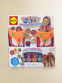 A complete pedicure and slipper decorating kit is the perfect addition to a slumber party. For her pedicure: 3 bottles of kid-friendly nail polish (.23fl oz), 2 toe separators, over 100 nail stickers and a nail file. Decorate a pair of slippers with precut felt shapes that slip on over buttons. Small slipper fits most kids ages 6-8; large fits most kids ages 8-10 Suitable for ages 6 and up Overall, 7½W X 12H X 2½D Imported A complete pedicure and slipper decorating kit is the perfect addition to a slumber party. For her pedicure: 3 bottles of kid-friendly nail polish (.23fl oz), 2 toe separators, over 100 nail stickers and a nail file. Decorate a pair of slippers with precut felt shapes that slip on over buttons. Small slipper fits most kids ages 6-8; large fits most kids ages 8-10 Suitable for ages 6 and up Overall, 7½W X 12H X 2½D Imported