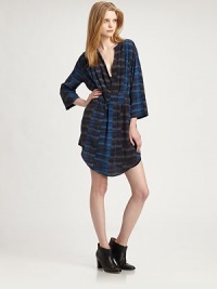 Rendered in an abstract print, this silken shirtdress has three-quarter sleeves and strategically placed pleats. V-neckThree-quarter sleevesAbout 20 from natural waistSilkDry cleanImported of Italian fabricModel shown is 5'10 (177cm) wearing US size 2. Rendered in an abstract print, this silken shirtdress has three-quarter sleeves and strategically placed pleats. V-neckThree-quarter sleevesAbout 20 from natural waistSilkDry cleanImported of Italian fabricModel shown is 5'10 (177cm) wearing US size 2.