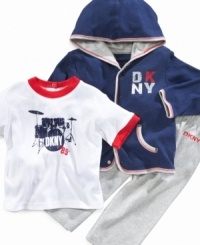 Turn the volume up on his everyday style with this rockin' t-shirt, hoodie and pant set from DKNY. Turn the volume up on his everyday style with this rockin' t-shirt, hoodie and pant set from DKNY.