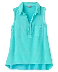 Sleeveless polo with a flowing high/low hem and ruffle detail at the placket. Sleeveless polo with a flowing high/low hem and ruffle detail at the placket.