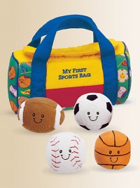 Your little all star in training will be ready to play with this cute set which includes a crinkly baseball, a basketball that rattles, a soccer ball that boings and a football that squeaks, packed neatly in a sporty, soft bag.3.4H X 7.9L X 4.1DPolyesterSurface washRecommended for ages 0 and upImported Your little all star in training will be ready to play with this cute set which includes a crinkly baseball, a basketball that rattles, a soccer ball that boings and a football that squeaks, packed neatly in a sporty, soft bag.3.4H X 7.9L X 4.1DPolyesterSurface washRecommended for ages 0 and upImported