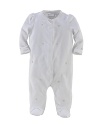 A cozy footed coverall, with a full-snap front for easy on and off and sweet embroidered flowers, is crafted from soft Pima cotton.