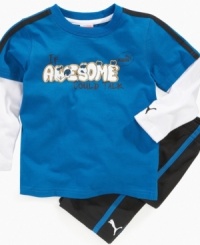 No words needed. Everyone will know how great your little all-star is with this fun graphic t-shirt and pant set from Puma. No words needed. Everyone will know how great your little all-star is with this fun graphic t-shirt and pant set from Puma.