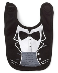 A white bib with tuxedo graphic and Black bib optional printed on front. A white bib with tuxedo graphic and Black bib optional printed on front.