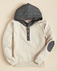 Sovereign Code creates a cool sweater/sweatshirt hybrid with the Bloom knit hoodie, featuring an attached hood, button placket and elbow sleeves in contrast colors. Sovereign Code creates a cool sweater/sweatshirt hybrid with the Bloom knit hoodie, featuring an attached hood, button placket and elbow sleeves in contrast colors.