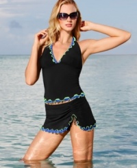 A flattering halter silhouette with bold pop color ruffle accents make this classic Profile by Gottex tankini top a must have this season. A flattering halter silhouette with bold pop color ruffle accents make this classic Profile by Gottex tankini top a must have this season.