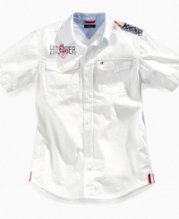 Old glory. He'll stand out in this shirt from Tommy Hilfiger, with American flag graphic to complement his sharp look. Old glory. He'll stand out in this shirt from Tommy Hilfiger, with American flag graphic to complement his sharp look.