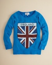 A great piece to throw on to add instant attitude, this vintage-treated sweatshirt sports a big British flag at the chest for the Anglophile in all of us. A great piece to throw on to add instant attitude, this vintage-treated sweatshirt sports a big British flag at the chest for the Anglophile in all of us.
