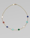 From the Polished Rock Candy Collection. Hexagonal discs in five richly colored semiprecious stones are framed in gold and spaced along a delicate gold chain.Mother-of-pearl, lapis, gold green agate, dyed red agate and turquoise18k yellow goldLength, about 18Lobster claspImported
