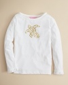 Crewneck tee with goldtone sea turtle print and ruffled cuffs.