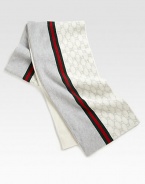 Knit GG pattern scarf with signature web detail. Green/red/green web 10 X 79 70% wool/30% cashmere Dry clean Made in Italy 